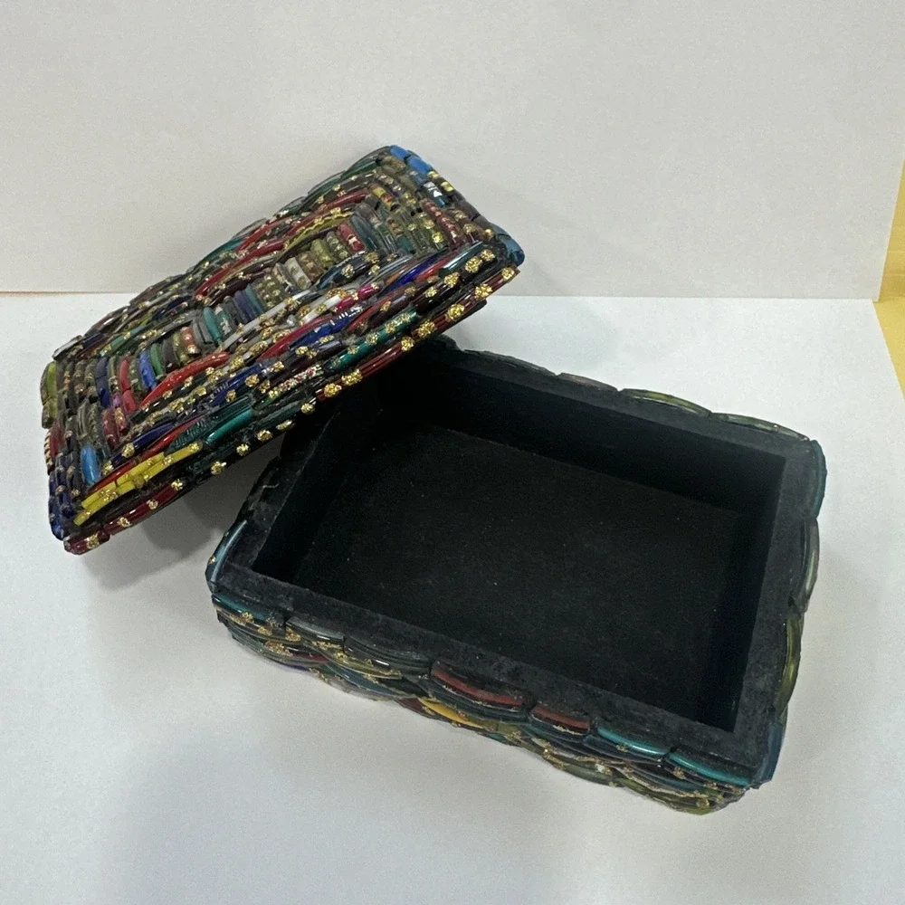 Vintage Indian Glass Bangle Trinket Box Mosaic Handmade Jewelry Case Boho